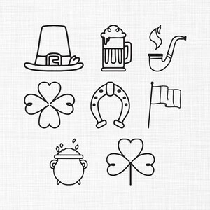May include: Black and white line art illustrations of St. Patrick's Day symbols, including a leprechaun hat, beer mug, smoking pipe, four-leaf clover, horseshoe, Irish flag, pot of gold, and a three-leaf clover.