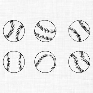 Op de afbeelding: Zes zwart-witte honkballen zijn gerangschikt op een witte, getextureerde achtergrond. Elke honkbal is afgebeeld met gedetailleerde stiksels, die het klassieke ontwerp laten zien. De ballen zijn gelijkmatig verdeeld, wat een schone en georganiseerde compositie creëert.