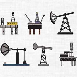 May include: A collection of six illustrations of oil rigs and pump jacks. The designs feature various structures in gray, black, yellow, and brown, set against a white background. The image showcases different types of oil industry equipment.