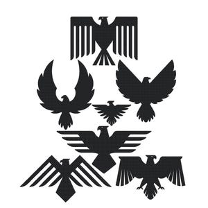 May include: Silhouettes of seven black eagles with wings spread in various positions. The eagles are arranged in a symmetrical pattern, with the largest eagle at the top and the smallest eagles at the bottom.