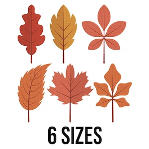 May include: Six stylized autumn leaves in shades of orange, red, and yellow are arranged on a white background. The leaves vary in shape and size, with the text "6 SIZES" in bold black font below them.
