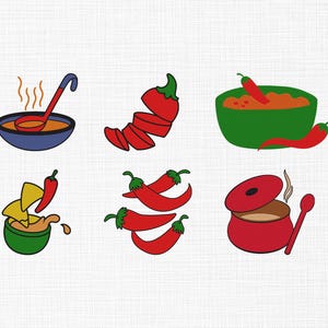Könnte beinhalten: Eine Sammlung farbenfroher Illustrationen mit Chili-Themen. Enthält eine Schüssel Suppe mit einer Kelle, geschnittene rote Paprika, eine Schüssel Chili mit einer Paprika, Chilischoten, eine Schüssel Chips und Salsa sowie einen Topf Chili.