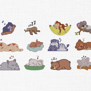 Puede incluir: Ilustraciones de dibujos animados de animales durmiendo, incluyendo un gorila, perezoso, perro, ciervo, mono, koala, cebra, oso, rinoceronte, conejo y elefante. Cada animal tiene símbolos 'Zzz' sobre ellos, indicando sueño.