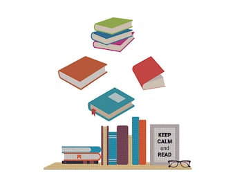 Diseño de bordado de pila de libros, bordado de minilibros, para amantes de los libros, regreso a clases, bordado para lectores, archivos de bordado a máquina, 6 tamaños