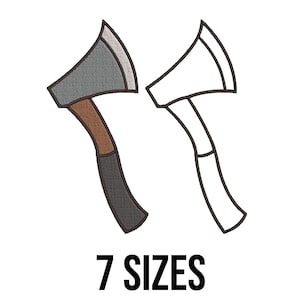 May include: Two axe embroidery designs, one in gray and brown, the other in black and white. The designs are shown side-by-side. The text "7 SIZES" is below the designs.