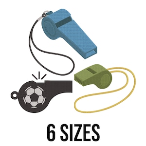 May include: Three whistles in different colors: blue, olive green, and black. The black whistle has a soccer ball design. Each whistle has a lanyard. The text "6 SIZES" is displayed below the whistles.