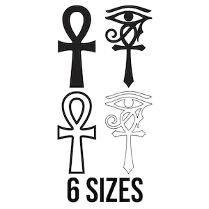 May include: Black and white graphic of two Ankh symbols and two Eye of Horus symbols. The Ankhs are solid and outlined. The Eye of Horus symbols are also solid and outlined. The text "6 SIZES" is below the symbols.