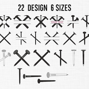 Puede incluir: Una colección de 22 diseños en blanco y negro de martillos y clavos. El texto "22 DESIGN 6 SIZES" está en la parte superior. Algunos diseños incluyen espacio para texto. Ideal para carpintería y proyectos de bricolaje.