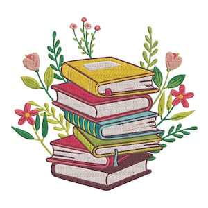 May include: A stack of embroidered books in various colors, including yellow, red, and teal, with a floral design. The books have white pages and red bookmarks. Green leaves and pink flowers surround the books, creating a decorative design.