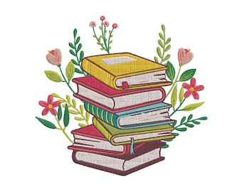 Blumen Stapel Bücher Stickdatei - Bücherstapel mit Blumen Stickdateien - Studenten Stickdatei - 5 Größen