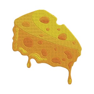 May include: A cartoon-style slice of cheese, rendered in yellow and orange gradients, with holes and a melting effect. The cheese has a textured appearance, possibly embroidered or a patch, with a dripping edge.