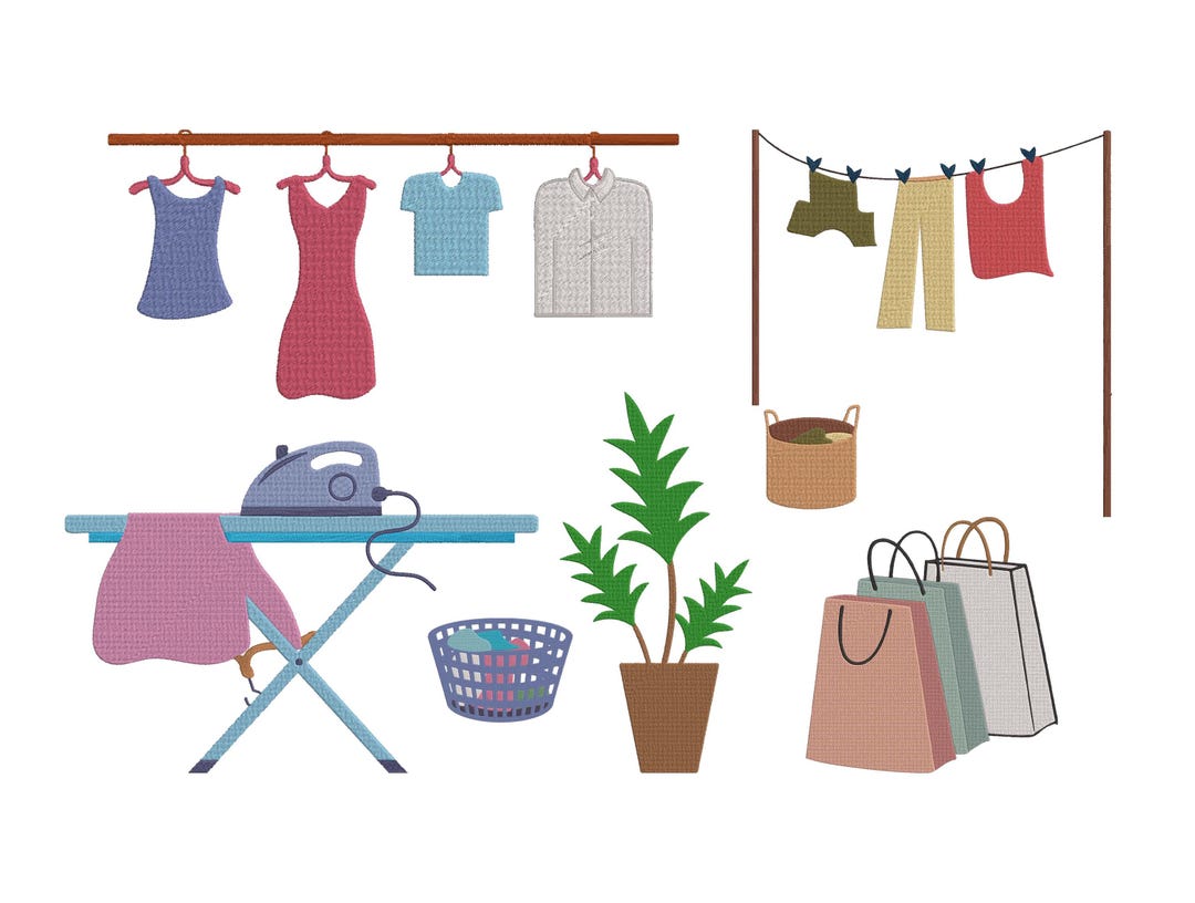 Laundry Montage Bundle Embroidery, Clothesline Hang Dry, Iron Cloths ...