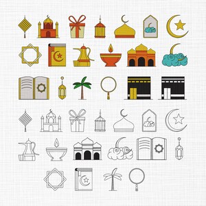 May include: A collection of colorful and outlined illustrations featuring Islamic symbols and objects. The images include mosques, crescent moons, stars, lanterns, gifts, open books, and decorative geometric shapes. The illustrations are set against a textured white background.