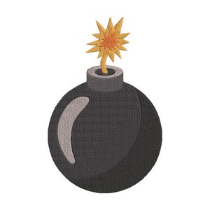 May include: Embroidered design of a black bomb with a gray fuse and a yellow and orange explosion. The bomb has a textured appearance and a curved, light gray accent on the side.