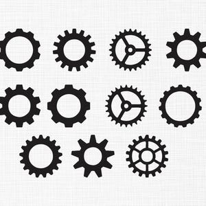 May include: A collection of black gear icons in various designs. The gears have different numbers of teeth and center hole styles, set against a white textured background. These mechanical elements are suitable for industrial or steampunk-themed projects.