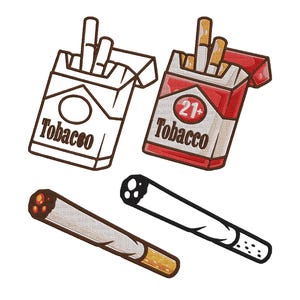 May include: Two packs of cigarettes, one open and one closed. The open pack is red and white with the text "Tobacco 21+". The closed pack is white with the text "Tobacco". There are two cigarettes, one brown and one white, with red tips.