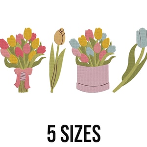 Tulips Flowers Bouquet Embroidery Design - Tulips Flowers Pot Embroidery Design - Tulip Flower Machine Embroidery Design Files - 6 Sizes