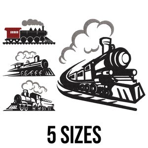 May include: Black and white train illustrations with smoke plumes. One train has a red roof. The text "5 SIZES" is displayed in bold, black font at the bottom of the image. The image features various train designs.