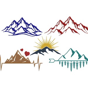 Op de afbeelding: Collectie bergthema-ontwerpen in blauw, rood, bruin en teal. Bevat een blauwe bergketen, een rode bergketen, een berg met een zon, een berg met een hartslag en een berg met een pijl.