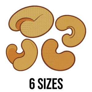 May include: An illustration featuring four cashew nuts in different positions, with a textured, beige appearance and brown outlines. The text "6 SIZES" is displayed in bold, black font below the nuts, indicating size options.