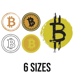 May include: Six Bitcoin logo designs are shown, featuring brown, gold, and black symbols. There's also a black outline version. The text "6 SIZES" is displayed in bold, black font, indicating different size options.