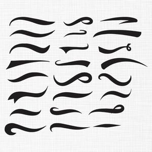 May include: A collection of black swoosh designs in various shapes and sizes, arranged on a white background. The swooshes vary from simple curves to more elaborate, looping forms, suitable for graphic design elements.