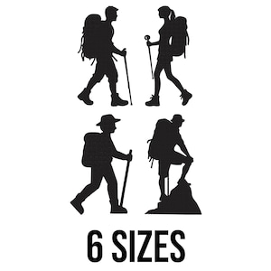 Puede incluir: Ilustraciones en silueta negra de excursionistas con mochilas y bastones de trekking. La imagen incluye cuatro poses de senderismo diferentes y el texto "6 SIZES" en negrita, indicando las opciones de tamaño disponibles.