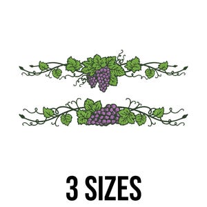 May include: A decorative design featuring two grapevines with green leaves and purple grapes. The design is repeated twice, creating a symmetrical pattern. The text "3 SIZES" is displayed below the design.