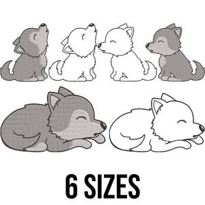 Puede incluir: Seis cachorros de lobo de dibujos animados en blanco y negro en varias poses. Los cachorros están mirando hacia arriba, acostados y sentados. La imagen incluye el texto "6 SIZES".