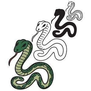 Könnte beinhalten: Eine grüne Schlange mit gespaltener Zunge, die sich zu einer Spirale zusammenrollt. Die Schlange ist schwarz umrandet und hat oben eine weiße und schwarze Umrandung.