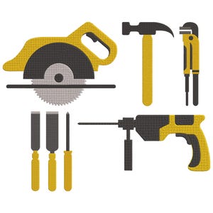 May include: A set of yellow and black construction tools, including a circular saw, hammer, pipe wrench, drill, chisels, and a screwdriver. The tools are set against a white backdrop.