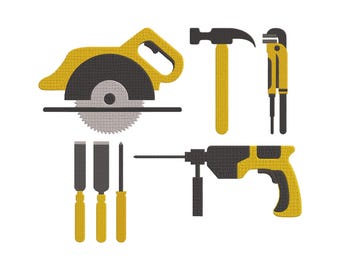 Pacchetto di disegni per ricamo con utensili, strumenti da costruzione per ricamo a macchina, martello, trapano, cacciavite e altri strumenti, file per ricamo, 5 misure