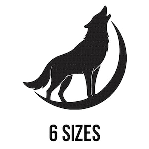 May include: A black silhouette of a wolf howling, standing on a crescent moon, set against a white background. The text "6 SIZES" is displayed in black below the wolf and moon design.
