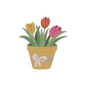 Lovely Doodle Tulips With Green Leaves in Flower Pot with Ribbon Bow Embroidery Design - Flowers Machine Embroidery Design Files - 6 Sizes