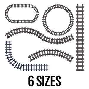 Könnte beinhalten: Eine Auswahl von sechs verschiedenen Spielzeug-Eisenbahnschienen, darunter gerade, gebogene und kreisförmige Stücke. Die Schienen sind dunkelgrau und schwarz, mit dem Text "6 SIZES" in fetter schwarzer Schrift.