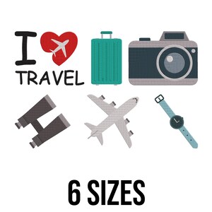 May include: An illustration with travel-themed icons, including a teal suitcase, a camera, binoculars, a watch, and an airplane. The phrase "I TRAVEL" is displayed with a heart and airplane graphic. The text "6 SIZES" is also present.