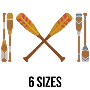 May include: Embroidered paddles in shades of brown, yellow, and blue are displayed against a white background. Two paddles are crossed, and four others are arranged vertically. The text "6 SIZES" is printed in black.