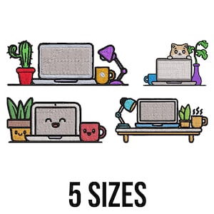 May include: Embroidered patches featuring laptop computers with various desk accessories, including a cactus, a cat, a lamp, and mugs. The text "5 SIZES" is displayed below the images.