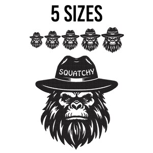 May include: Black and white illustration of a gorilla wearing a hat that says "Squatchy". The gorilla is wearing a wide-brimmed hat with a pointed crown. The hat has a white band with the word "Squatchy" written in black letters. The gorilla's face is obscured by the hat, but its fur is visible around the edges of the hat. The illustration is available in five sizes.