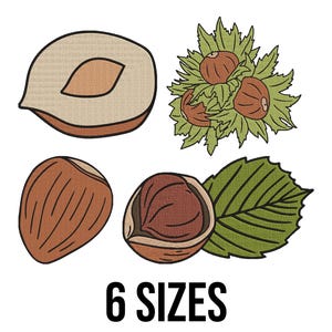 May include: An illustration of hazelnuts in various stages: a whole hazelnut, a hazelnut in its shell, a hazelnut with the shell open, and a cluster of hazelnuts with leaves. The text "6 SIZES" is displayed in black, bold font.