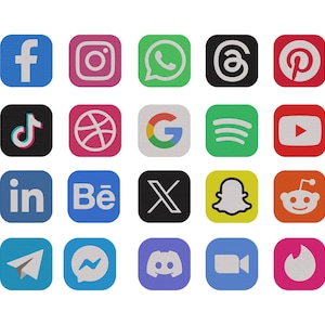 Puede incluir: Una colección de dieciséis iconos cuadrados de redes sociales, incluyendo Facebook, Instagram y Pinterest. Cada icono presenta una combinación de colores y un logotipo únicos, representando varias plataformas en línea.
