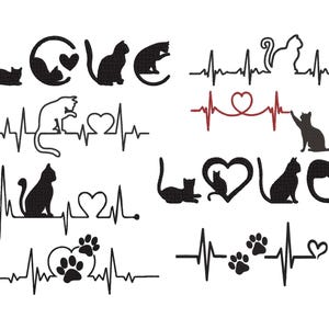 Pode incluir: Uma coleção de designs pretos com tema de gato. Inclui a palavra "LOVE" com silhuetas de gatos, silhuetas de gatos com formas de coração e pegadas de patas de gato com linhas de batimento cardíaco. Para vários projetos criativos.