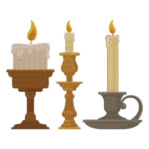 May include: Three embroidered candles with yellow flames. The candles are in different holders: a brown table-like stand, a decorative gold-colored stand, and a gray candlestick holder. The candles are white and beige.