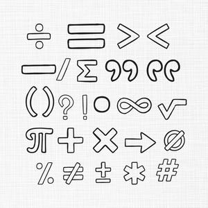 May include: Black and white line art of various mathematical symbols, including division, equals, greater than, less than, minus, parentheses, question mark, exclamation point, infinity, and square root. Also includes pi, plus, multiplication, arrow, and percent.