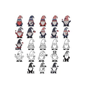 May include: A collection of patriotic gnome illustrations in red, white, and blue. Each gnome features a different design, including stars, stripes, and American flags. Some gnomes are in color, while others are in black and white.