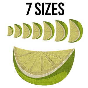 May include: Seven lime wedge embroidery designs in various sizes. The largest design is a half lime wedge with a green rind and a yellow center.