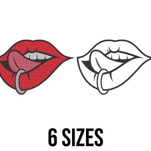 Pierced Lips and Sticking Out Tongue Embroidery Design - Lips with Tongue Embroidery Design - Lips Machine Embroidery Design Files - 6 Sizes
