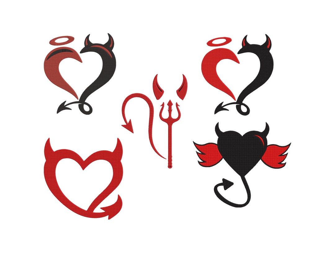 Angel and Devil Heart Set Embroidery Design, Cute Little Devil Heart ...