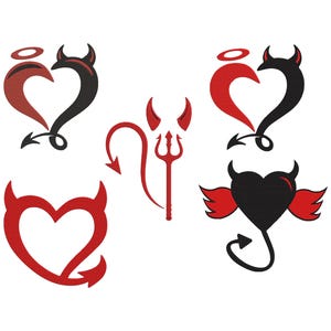 Może przedstawiać: Kolekcja czerwonych i czarnych wzorów serc diabła i anioła. Wzory obejmują serca z rogami, aureolami, skrzydłami i ogonem diabła. Czerwony trójząb jest również dołączony.