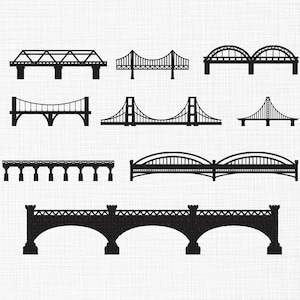 May include: A collection of nine black bridge illustrations in various designs. The bridges include suspension, arch, and truss styles, each with unique structural details. The images are set against a textured white background, offering a clean and simple aesthetic.